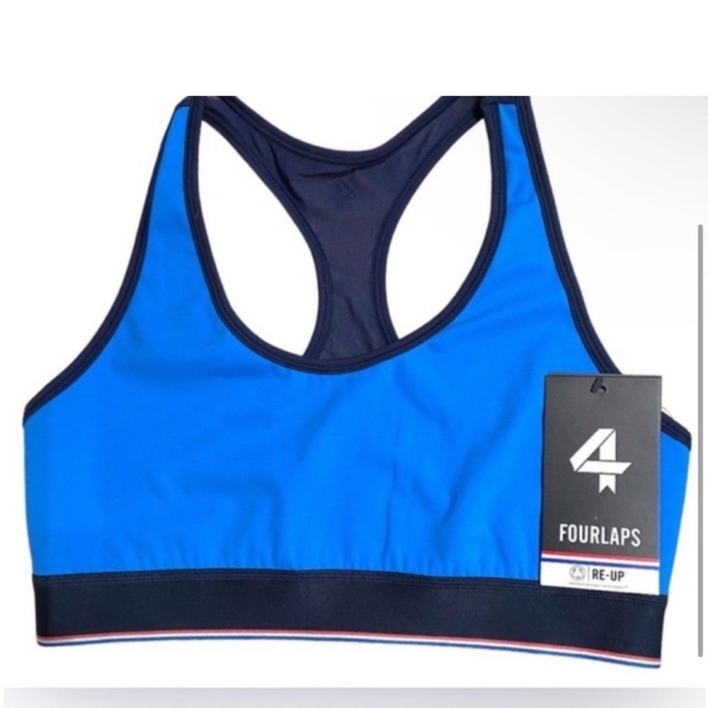 NWT Fourlaps Circuit Sports bra. Cornflower Navy. Size large